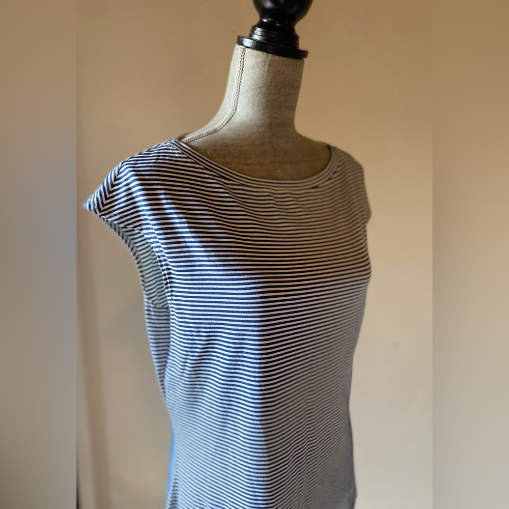 St. John Navy & White striped bateau neck capped sleeve tee shirt
